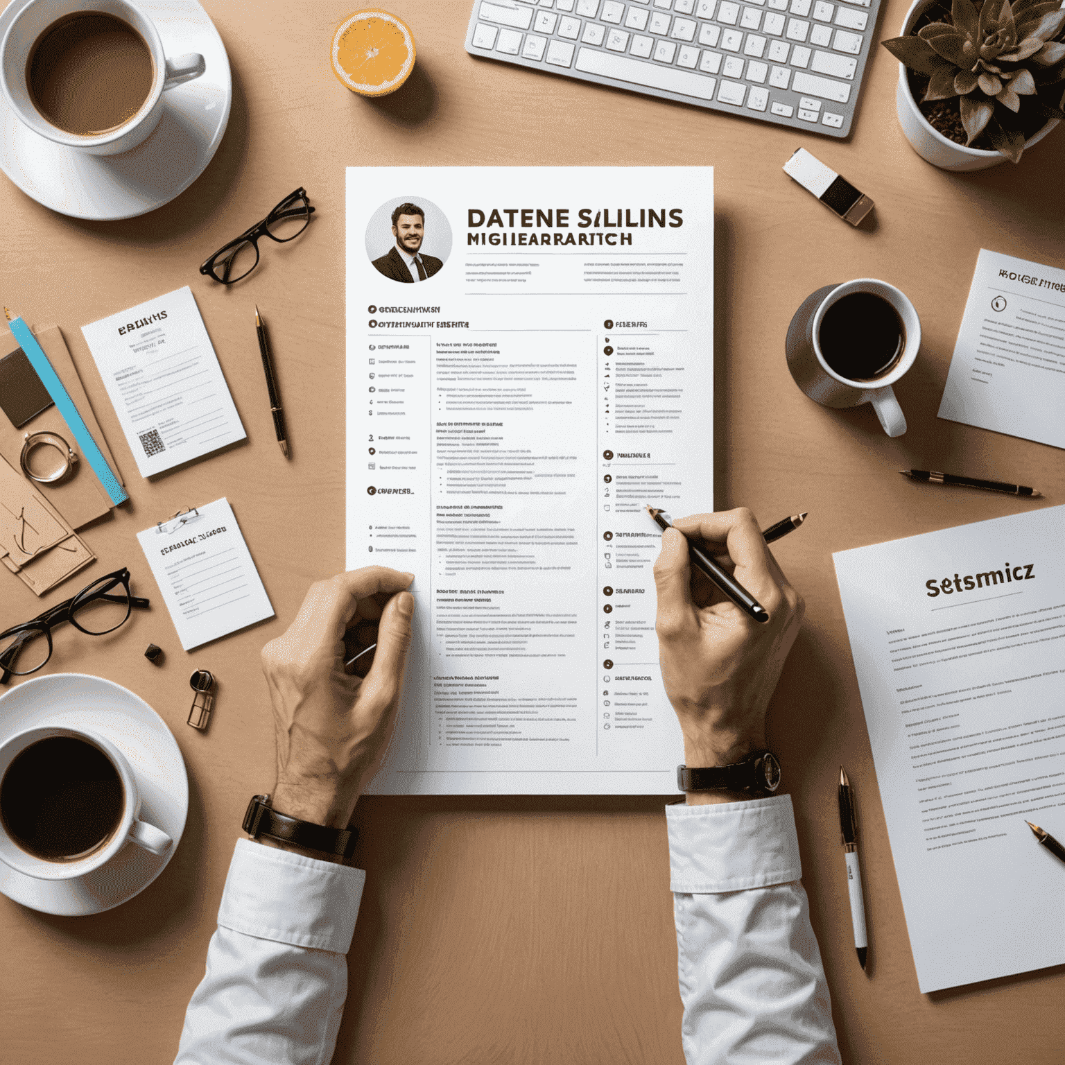 Professional resume writer crafting a personalized CV, surrounded by career-related icons and infographics