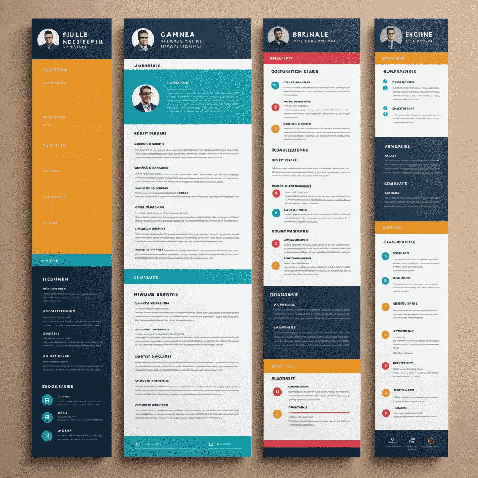 Infographic showing modern resume layouts with vibrant colors and clean designs, highlighting key sections like skills, experience, and achievements