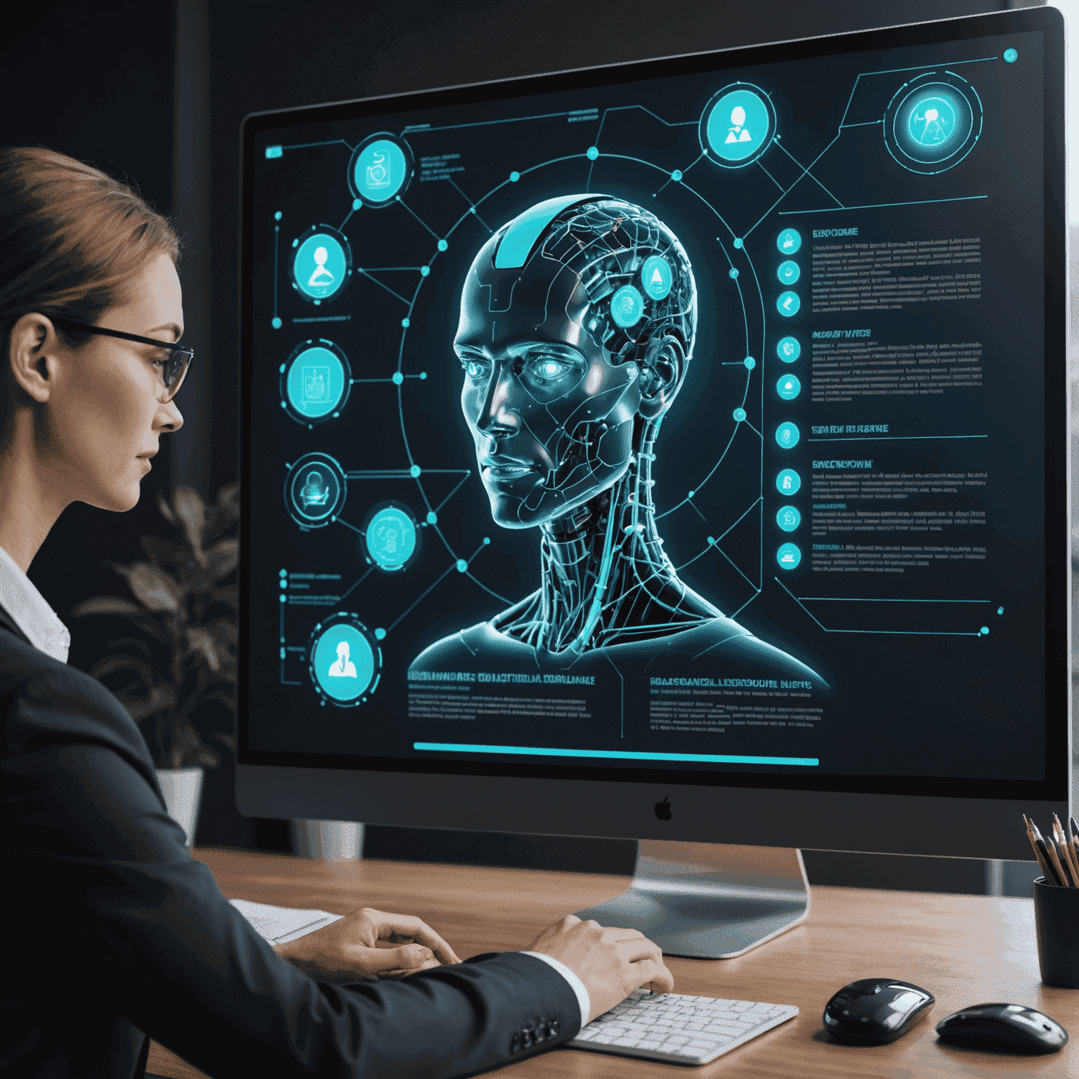 Artificial intelligence analyzing multiple resumes on a digital interface, with holographic icons representing different job skills and qualifications