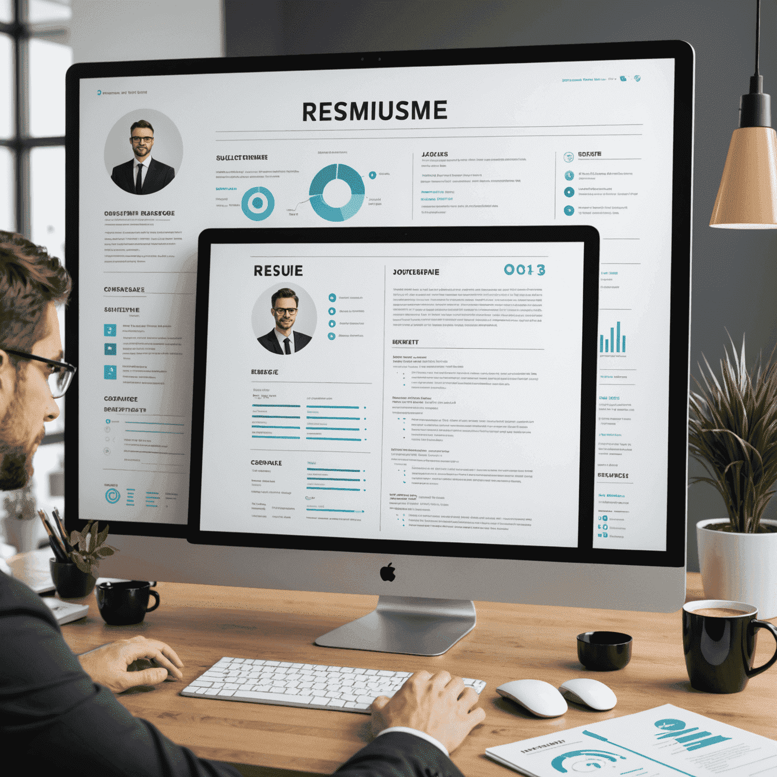 A professional looking at a sleek, modern resume design on a computer screen, surrounded by career-related icons and infographics