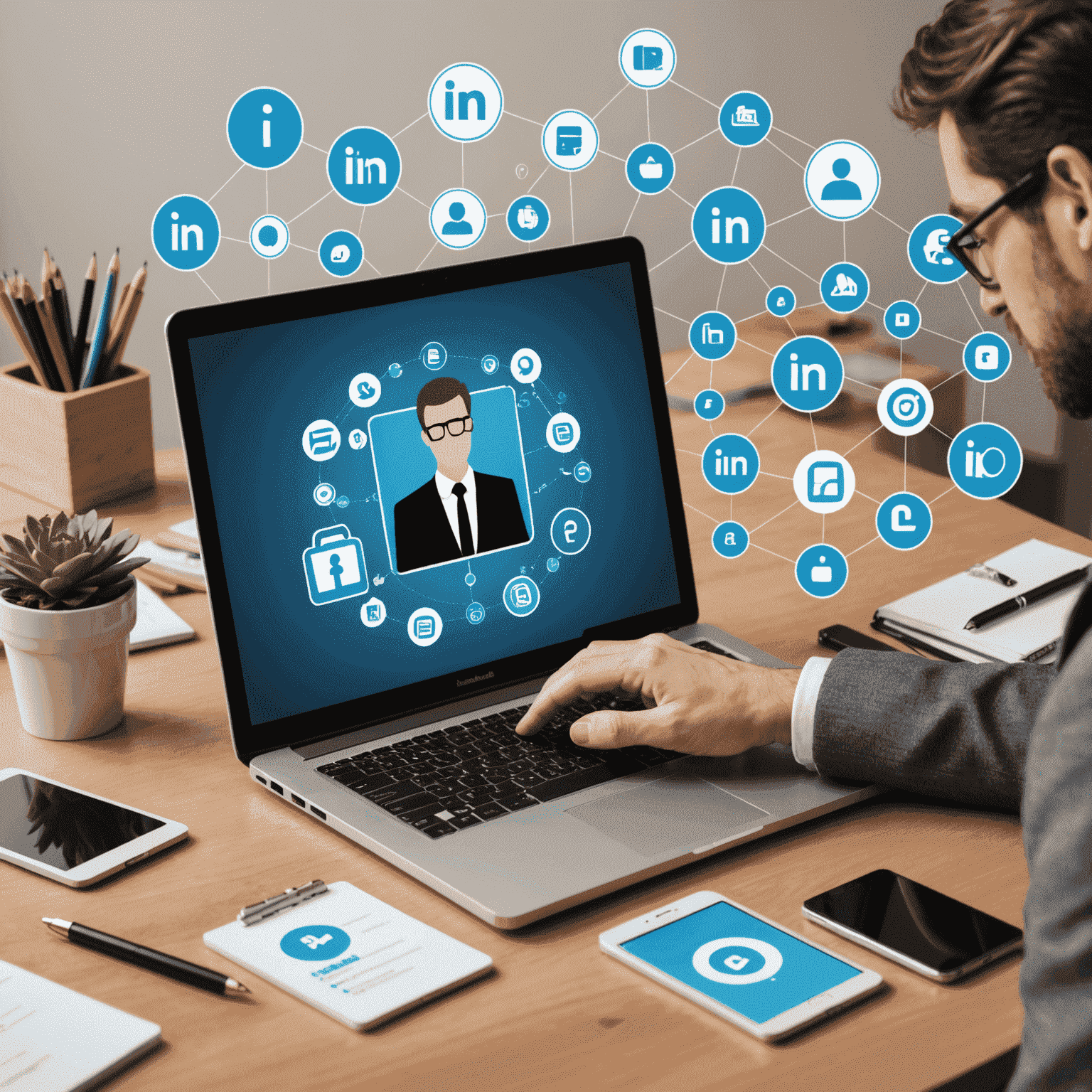 Professional using LinkedIn on a laptop, surrounded by career-related icons such as a briefcase, networking nodes, and a magnifying glass symbolizing job search