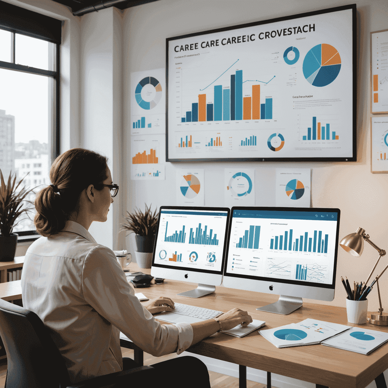 A professional career coach sitting at a desk with a client, discussing career plans and strategies. The image shows a modern office setting with charts and career-related infographics visible on a large screen in the background.