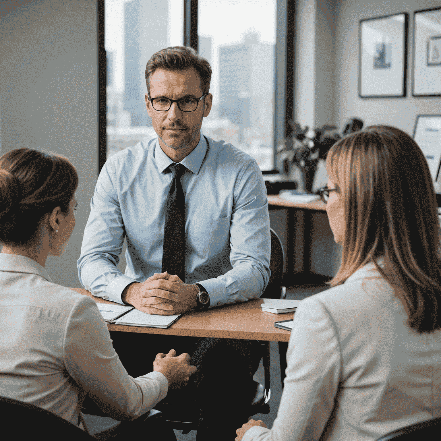A professional coach conducting a mock interview with a client, demonstrating proper body language and communication techniques in a modern office setting
