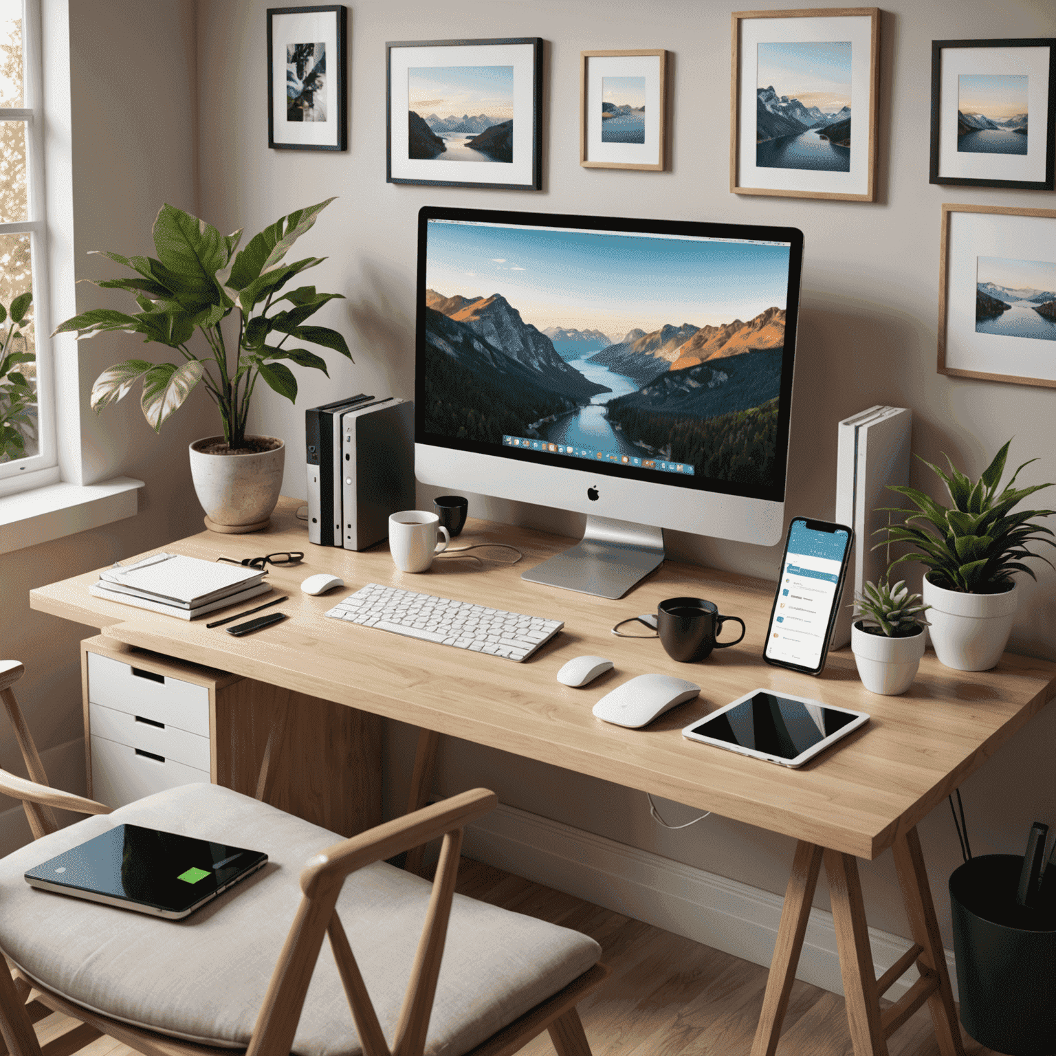Illustration of a home office setup with various digital devices and productivity tools, representing the modern remote work environment
