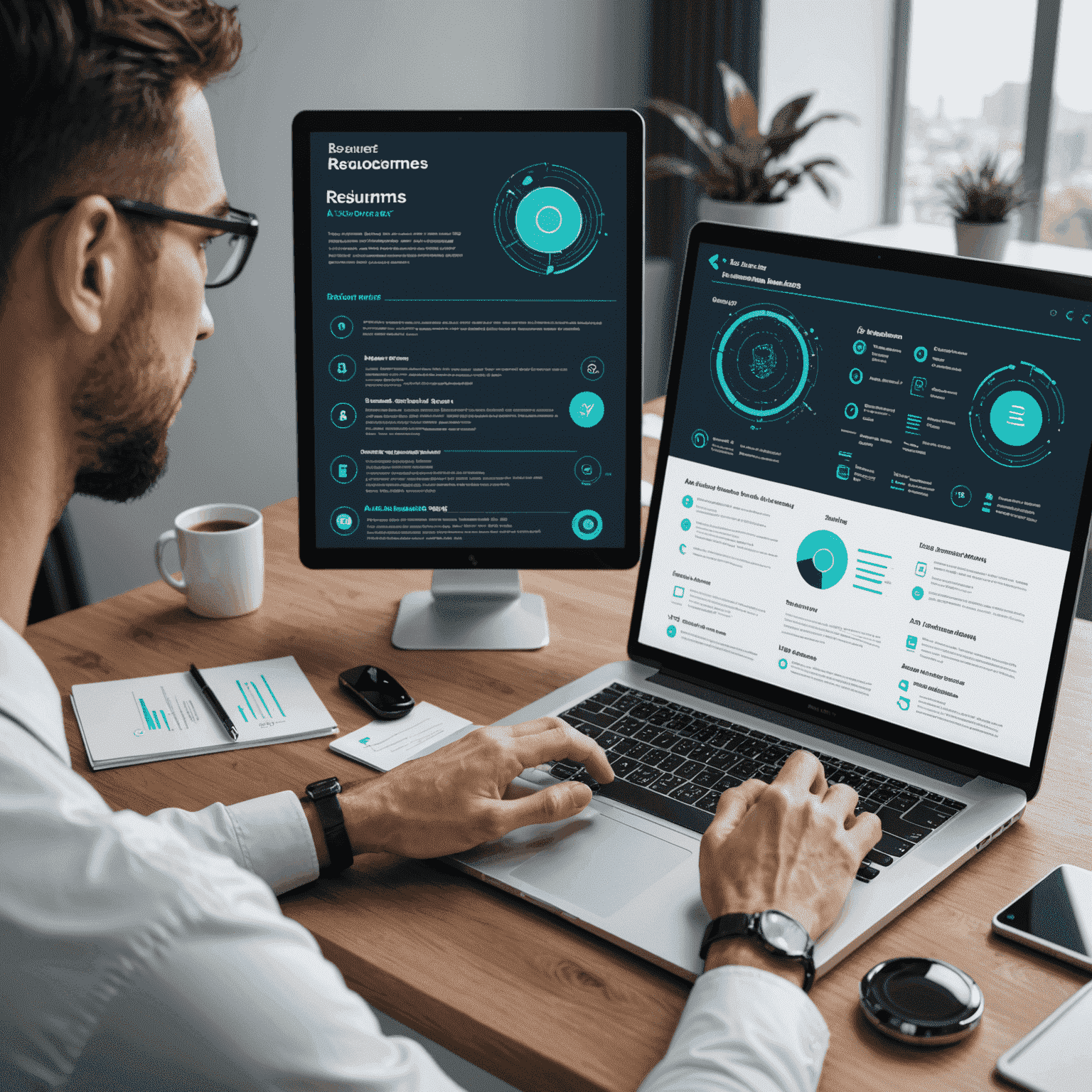 Visual representation of AI analyzing resumes, with digital elements and futuristic interface showcasing the automated screening process