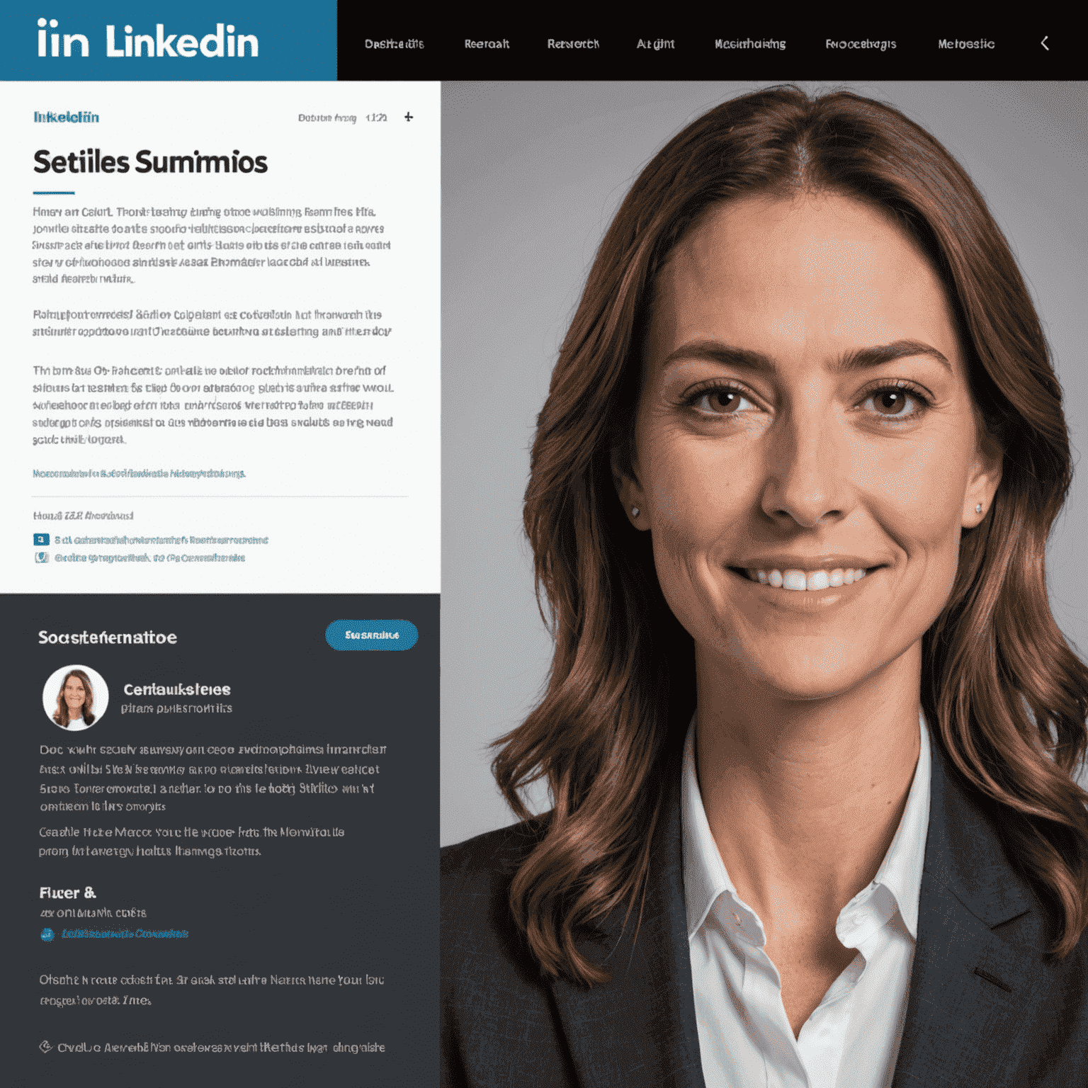 A LinkedIn profile page with a professional headshot, compelling headline, and well-written summary. The image shows sections for experience, skills, and recommendations.