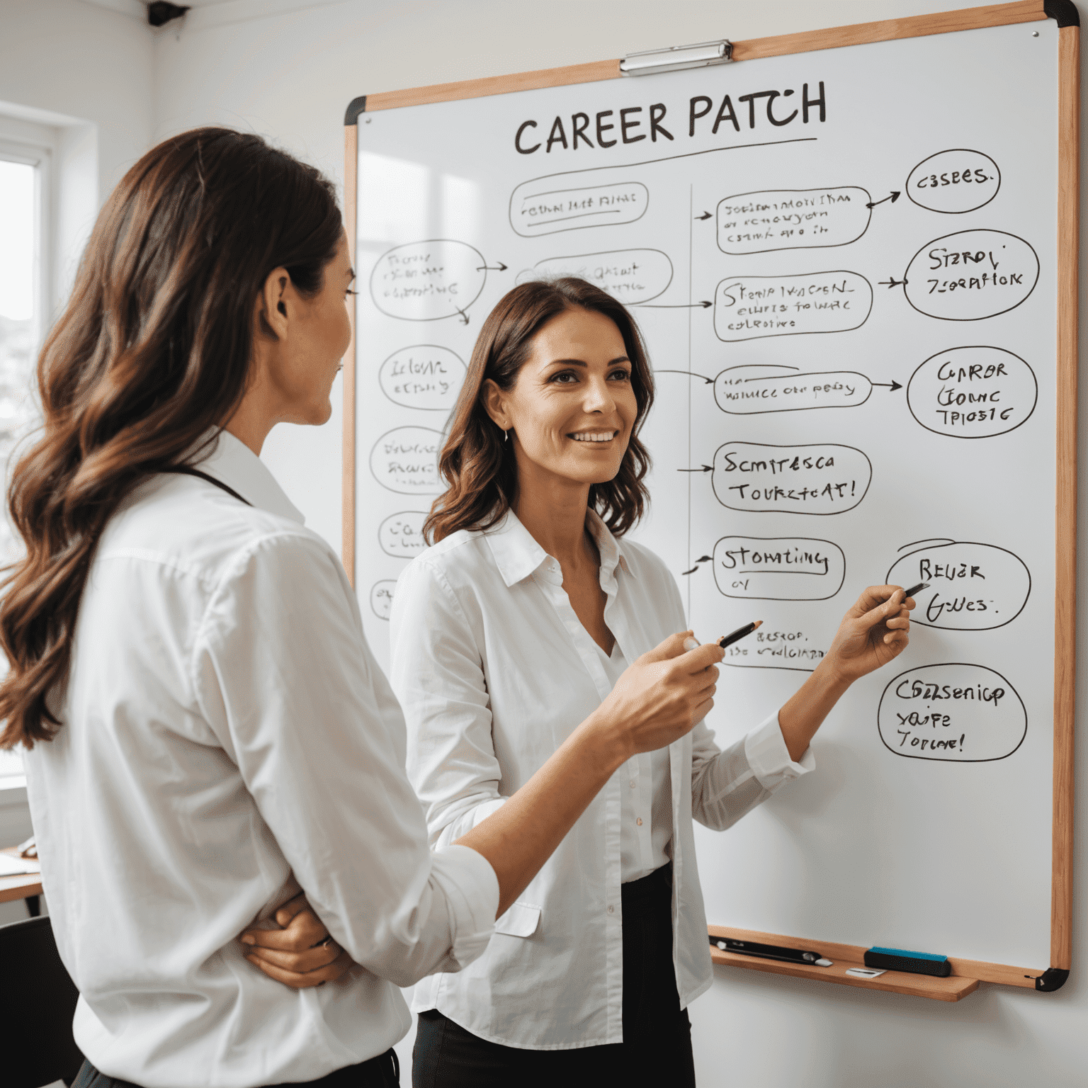 A career coach and client in a professional setting, discussing career goals. The image shows a whiteboard with career path options and strategies.
