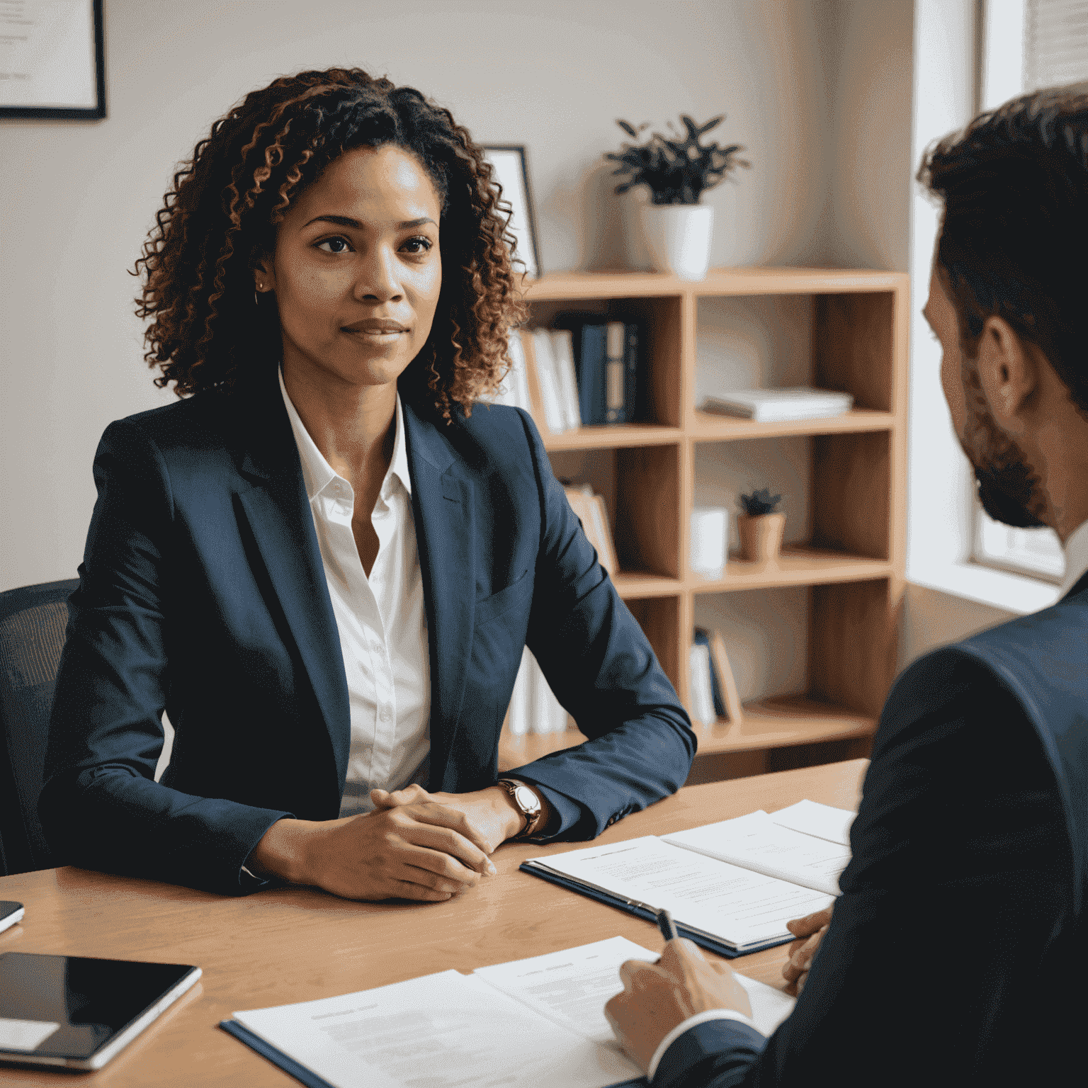 A mock interview scenario with a coach and interviewee. The image shows preparation materials, common interview questions, and body language tips.